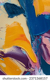 Closeup of abstract rough colorful art painting texture, with oil brushstroke, pallet knife paint on canvas, complementary colors.