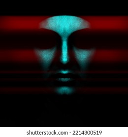 Close-up Abstract And Scary Looking Woman Face Silhouette Hiding In Shadow In RGB Color Split. RGB Effect Make Reflection Of Face In Red And Blue Colors. Abstract And Futuristic Looking Style