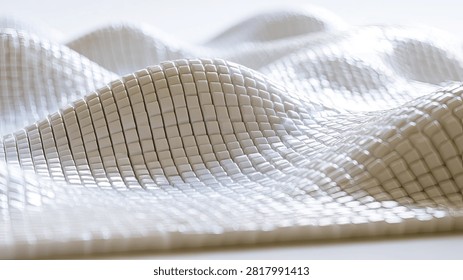 A close-up, abstract view of a 3D surface composed of small, uniform cubes forming a wavy, undulating pattern.