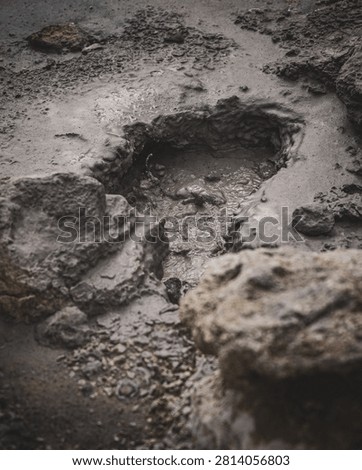 Close-up abstract view of a bubbling mud pool in the Krýsuvík geothermal area of Iceland. Geothermal activity beneath the surface causes the thick mud to bubble and churn, creating a dynamic natural formation with intricate textures and patterns. Atmospheric Icelandic geothermal landscape showcasing the raw power of volcanic and tectonic forces.