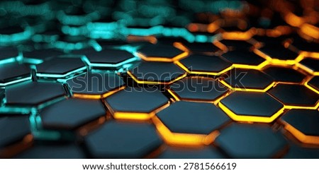 A close-up, abstract view of a dark hexagonal grid illuminated by vibrant, glowing neon orange and teal light emanating from between the geometric shapes.