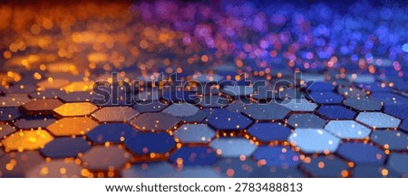 A close-up, abstract view of a hexagonal grid with alternating orange and blue glowing lights, creating a futuristic and technological feel.