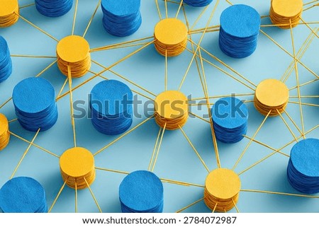 A close-up, abstract view of a network formed by blue and yellow cylinders interconnected with thin yellow threads, suggesting concepts of connection and data flow.