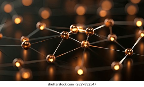 A close-up, abstract view of a network structure with golden spheres connected by thin lines, illuminated by soft, warm bokeh lights.