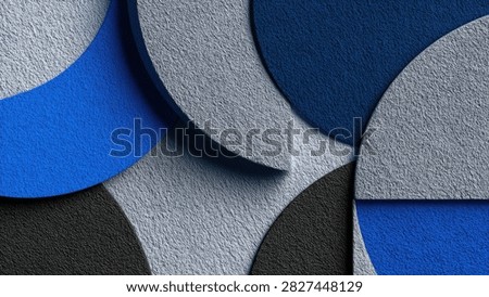 A close-up abstract view of overlapping geometric shapes, primarily circles and arcs, in shades of blue, silver, and black, with a textured surface.