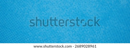 A close-up, abstract view of the rippling surface of a swimming pool. The pattern of the blue tile mosaic is visible beneath the clear water, creating a vibrant and clean background.