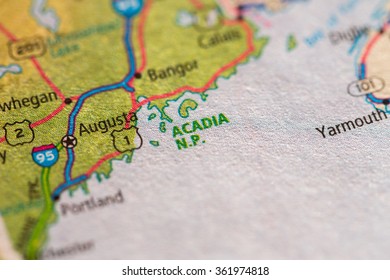 Closeup Of Acadia National Park On A Geographical Map.