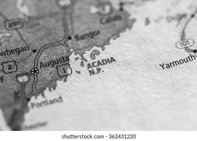 Closeup Of Acadia National Park On A Geographical Map. (black And White)