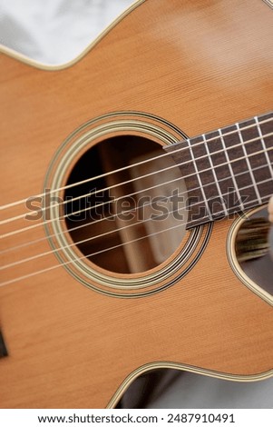 Close-Up Acoustic Guitar Strings: simple close-up of acoustic guitar strings against a white background, ideal for country music themes and creative projects.