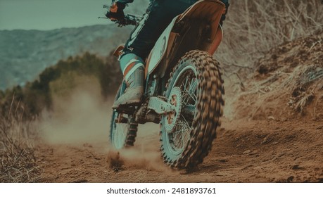 Close-Up Action Shot of a Motocross Motorcycle Kicking Up Dust on an Off-Road Trail, Capturing Speed and Excitement with a Muddy Rear Wheel - Powered by Shutterstock