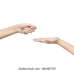 Closeup action of woman hand give something to another hand isolated on white background with clipping path - Shutterstock ID 481487737