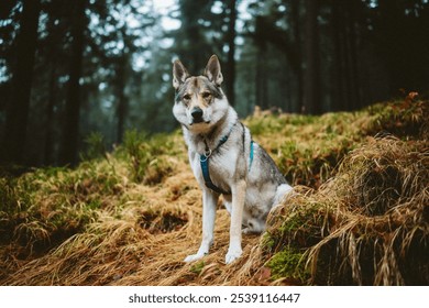 A closeup of an adorable Czechoslovakian Wolfdog standing in a lush green field with a blurry background - Powered by Shutterstock