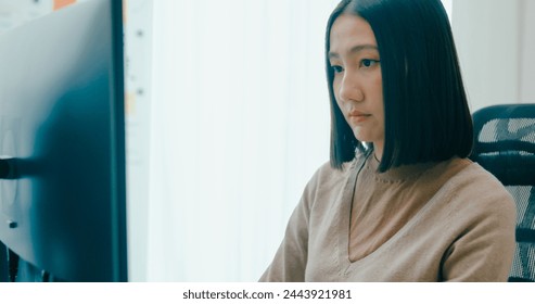 Closeup Adult Asia female freelance typing write prompt AI bot IT app smart program nomad, video game, terminal with coding language, user interface, designer, big data center on desktop computer.