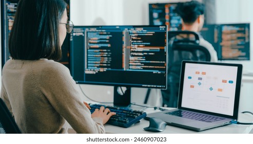 Closeup Adult Asia male, female freelance typing write prompt AI bot IT app smart program nomad, video game, terminal with coding language, user interface, designer, big data center desktop computer. - Powered by Shutterstock