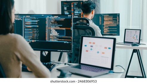 Closeup Adult Asia male, female freelance typing write prompt AI bot IT app smart program nomad, video game, terminal with coding language, user interface, designer, big data center desktop computer. - Powered by Shutterstock