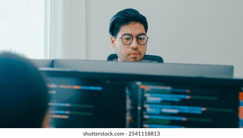 Closeup Adult Asia male, female freelance typing write prompt AI bot IT app smart program nomad, video game, terminal with coding language, user interface, designer, big data center desktop computer.