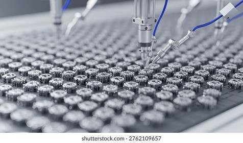 Close-up of an advanced robotic arm precisely filling numerous small glass vials on a conveyor belt in a sterile laboratory setting, highlighting modern pharmaceutical production and automation.