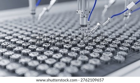 Close-up of an advanced robotic arm precisely filling numerous small glass vials on a conveyor belt in a sterile laboratory setting, highlighting modern pharmaceutical production and automation.