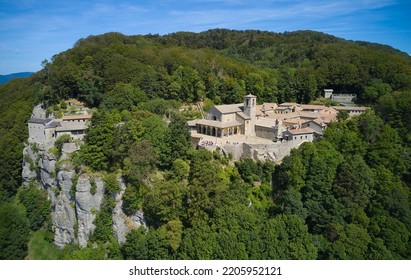close-up aerial view of the sanctuary of la verna in tuscany