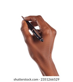 Closeup of african american woman hands holding pen and writing on white copy space. Detail of black businesswoman writing your text and signing isolated on white background.