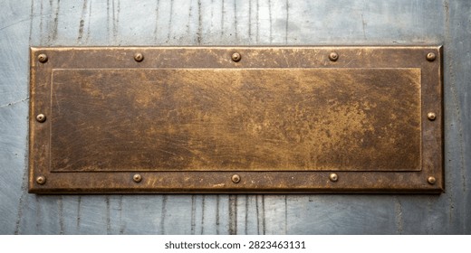 Close-up of an aged brass plaque fixed with fasteners onto a distressed metal facade ideal for signage or architectural concepts.