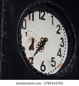 Close-up of an aged clock face. White background with black numbers. Rust stains mark the surface. Worn metal frame surrounds the dial. Time points to a specific moment