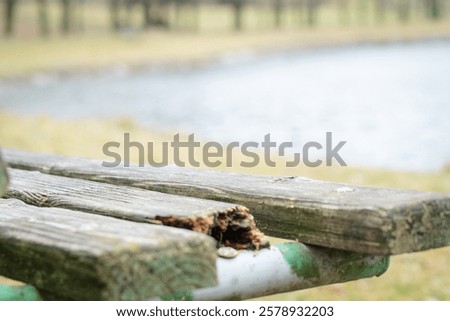 Similar – Image, Stock Photo A weathered wooden bench in front of a yellow painted wall