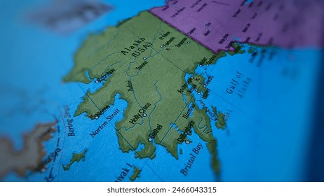 Closeup of Alaska in sharp focus on world map.