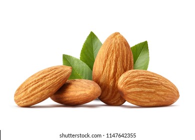 Close-up of almonds with leaves, isolated on white background - Shutterstock ID 1147642355