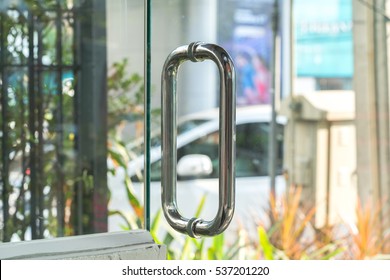 Close-up Of Aluminum Glass Door Handle.