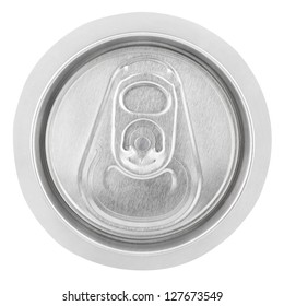 Closeup Of Aluminum Soda Can Isolated On White Background. Top View