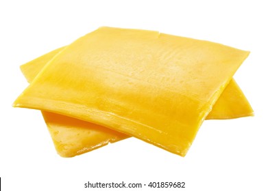 Closeup Of American Cheese Slices On White Background