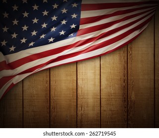 Closeup Of American Flag On Wood