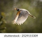 Close-up of American Robin bird flying with out of focus green background