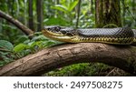 A close-up of an anaconda on a log in a tropical forest