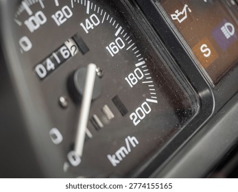 Close-up of an analog speedometer scale on a motorcycle.