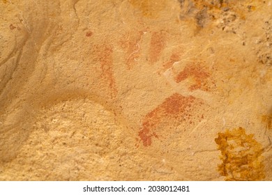 Closeup Of An Ancient Aboriginal Hand Print Art On A Rock Shelter Wall At Dunns Swamp In Wollemi National Park Of Nsw, Australia