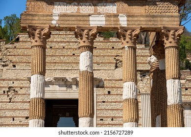 Closeup of the ancient old ruins of the Capitolium Roman Temple (Tempio Capitolino) in Brescia downtown, 73 AC, UNESCO world heritage site, Lombardy, Italy, Southern Europe.