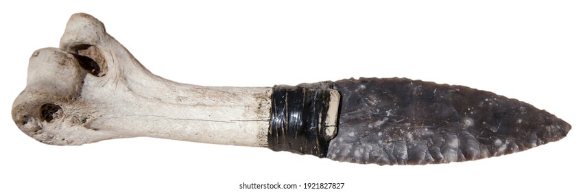 Close-up of ancient stone dagger with bone handle isolated on white background, prehistoric handmade knife and archaeological artifact from early human culture and Stone Age history.
