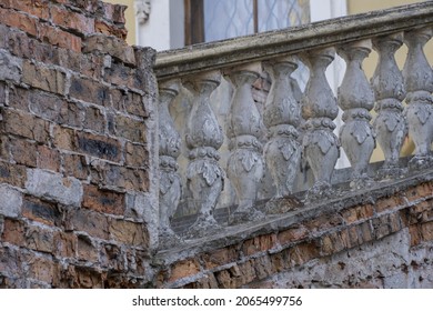 Close-up Ancient Stone Railings. Old Classic Balustrade. Disrupted Stairs. Details Of The Architecture.