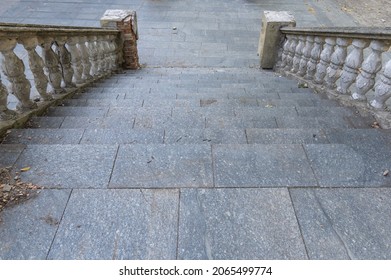 Close-up Ancient Stone Railings. Old Classic Balustrade. Disrupted Stairs. Details Of The Architecture.