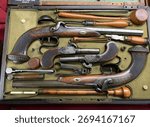 Close-up of ancient war weapons found in a museum located in the city of Lima, Peru.