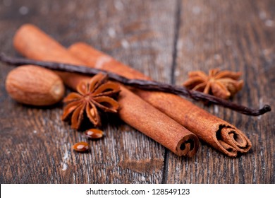 Closeup Of Anise, Cinnamon And Vanilla Pods