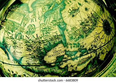 Closeup of antique globe with map focused on North America contintent