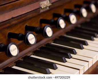 Close-up Of Antique Reed Organ Harmonium