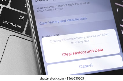 closeup Apple iPhone official browser Safari remove history, cookies and other browsing data. Apple is a multinational technology company. Moscow, Russia - April 9, 2019