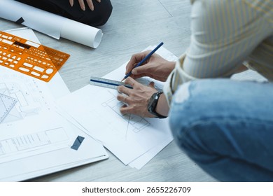 Close-up of architect drawing structural plan using pencil and ruler on blueprint sheet during design process on wooden floor.