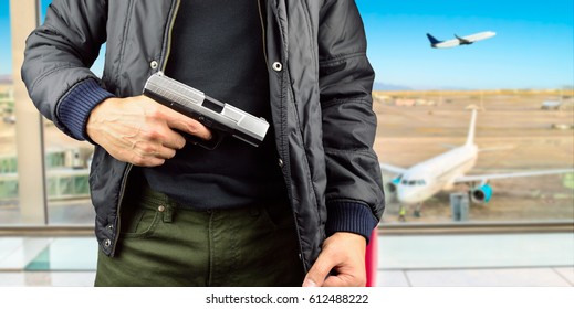 Closeup Of An Armed Terrorist At The Airport