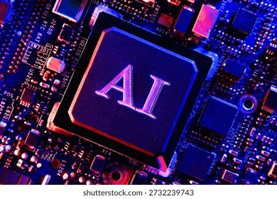 Close-up of an artificial intelligence chip on a glowing circuit board, representing advanced computing, machine learning, and futuristic digital technology.