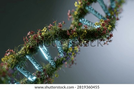 A close-up, artistic representation of a DNA double helix structure adorned with vibrant green plants and colorful flowers, symbolizing the intricate connection between life and the natural world.
